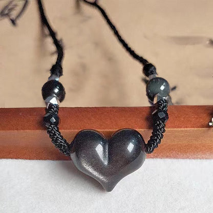 Mythstone Natural Silver Sheen Obsidian Heart Protection Necklace Pendant