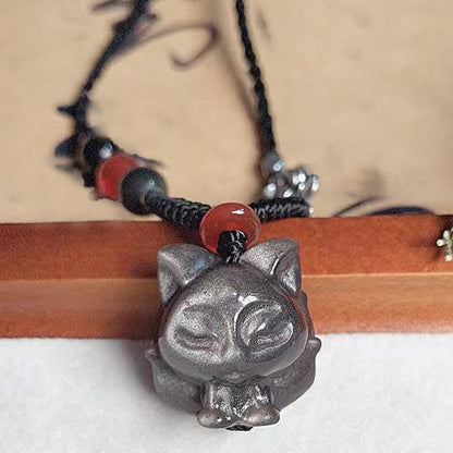 Mythstone Natural Silver Sheen Obsidian Nine Tailed Fox Protection Necklace Pendant