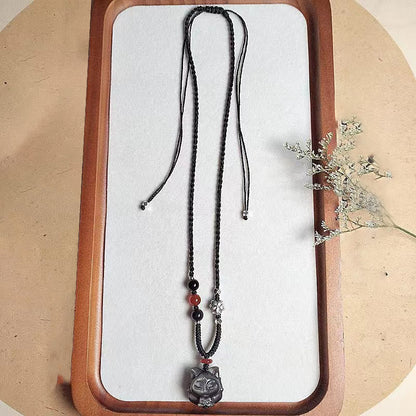 Mythstone Natural Silver Sheen Obsidian Nine Tailed Fox Protection Necklace Pendant