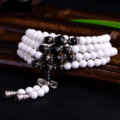 Mythstone 108 Mala Beads White Porcelain Six True Words 'Om Mani Padme Hum' Patience Bracelet