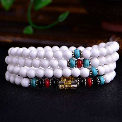 Mythstone 108 Mala Beads White Porcelain Six True Words 'Om Mani Padme Hum' Patience Bracelet