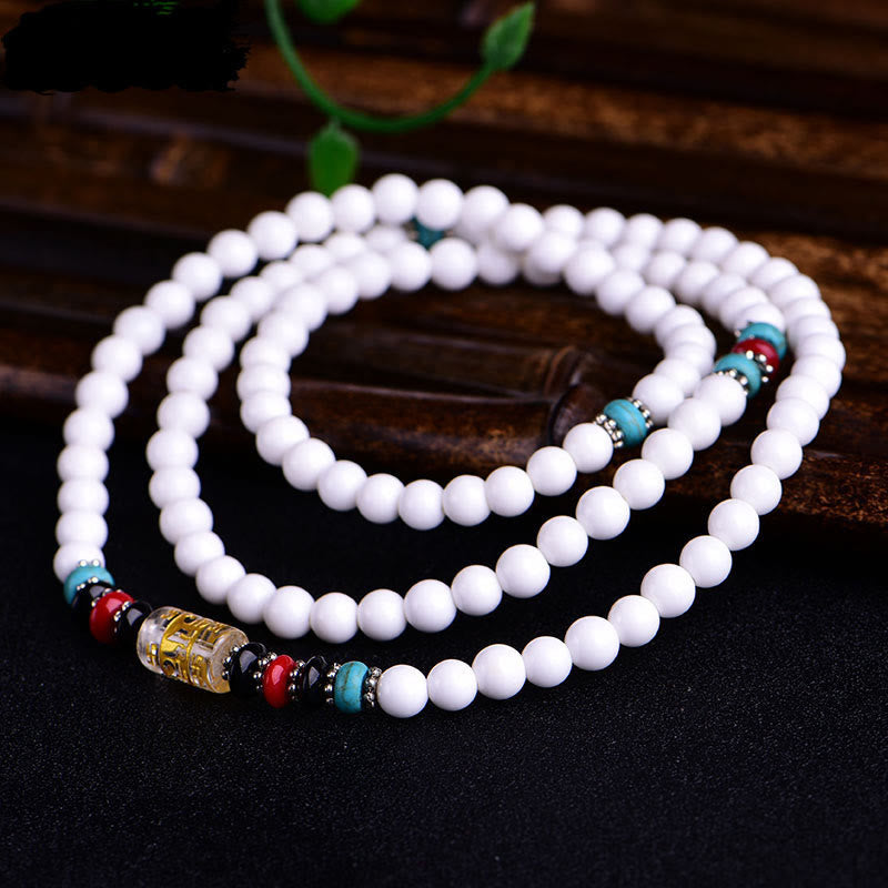 Mythstone 108 Mala Beads White Porcelain Six True Words 'Om Mani Padme Hum' Patience Bracelet