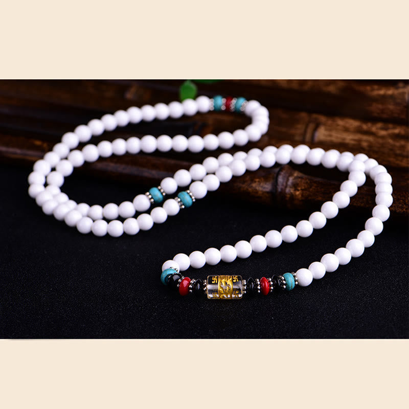 Mythstone 108 Mala Beads White Porcelain Six True Words 'Om Mani Padme Hum' Patience Bracelet