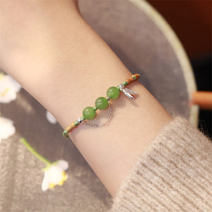 Pulsera trenzada con bendición de cuentas de calcedonia, jade hetiano, hojas de bambú y plata de ley 925 Mythstone 