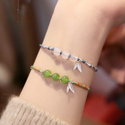 Pulsera trenzada con bendición de cuentas de calcedonia, jade hetiano, hojas de bambú y plata de ley 925 Mythstone 