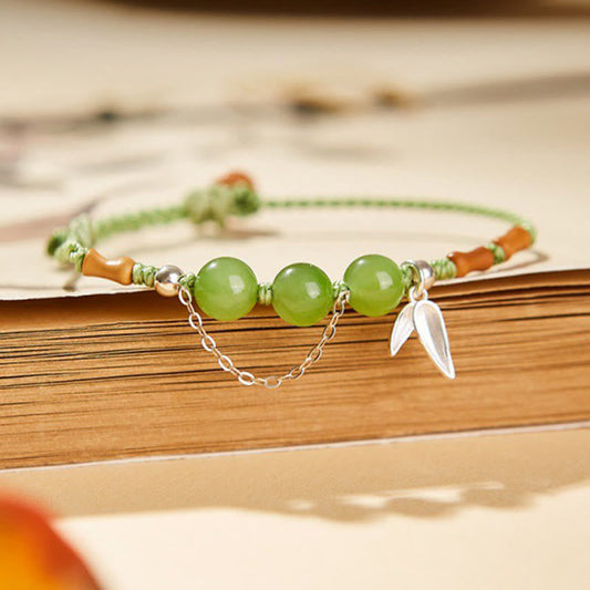 Mythstone 925 Sterling Silver Bamboo Leaves Hetian Jade Chalcedony Beads Blessing Braided Bracelet