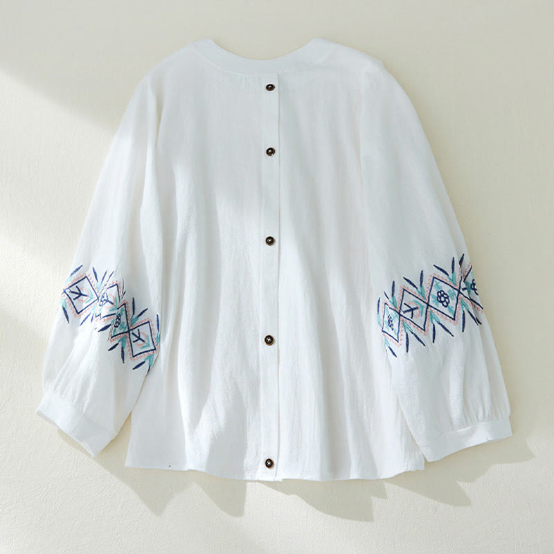 Mythstone Geometry Embroidery Long Sleeve Button Cotton Linen Women's Shirts