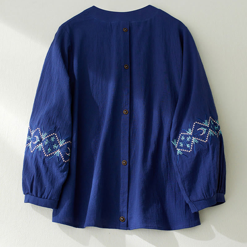 Mythstone Geometry Embroidery Long Sleeve Button Cotton Linen Women's Shirts