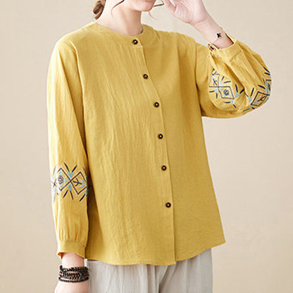 Mythstone Geometry Embroidery Long Sleeve Button Cotton Linen Women's Shirts