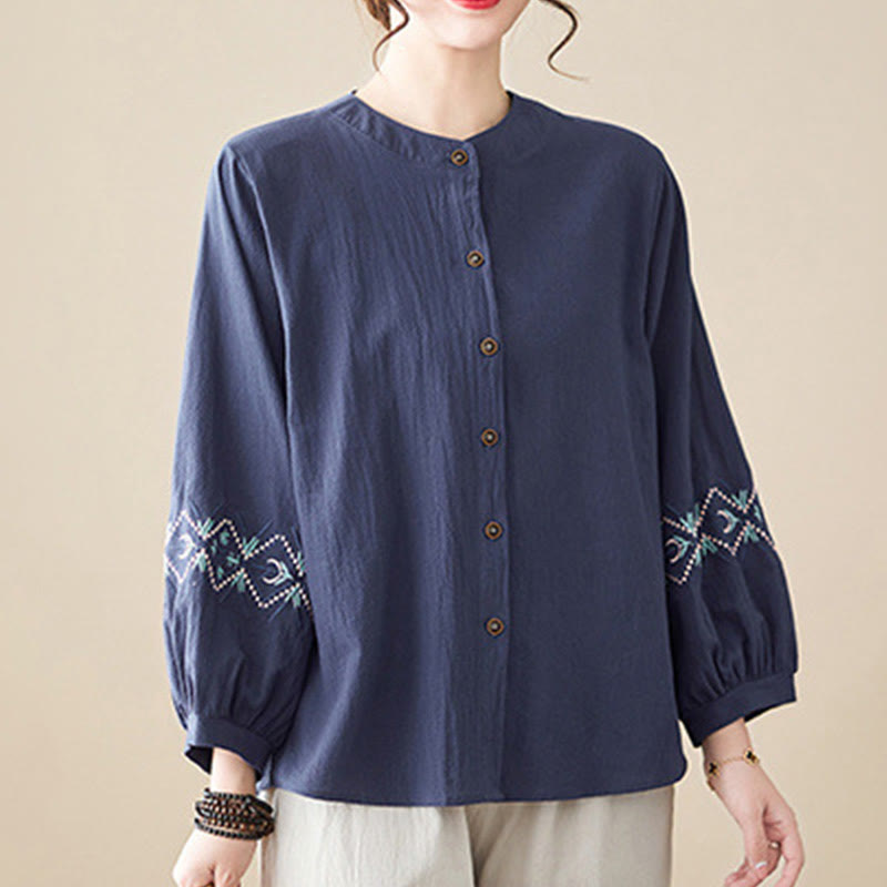 Mythstone Geometry Embroidery Long Sleeve Button Cotton Linen Women's Shirts