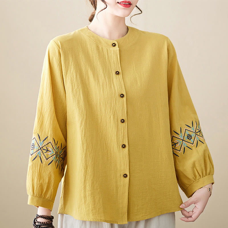 Mythstone Geometry Embroidery Long Sleeve Button Cotton Linen Women's Shirts