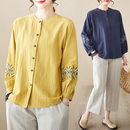 Mythstone Geometry Embroidery Long Sleeve Button Cotton Linen Women's Shirts