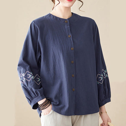 Mythstone Geometry Embroidery Long Sleeve Button Cotton Linen Women's Shirts