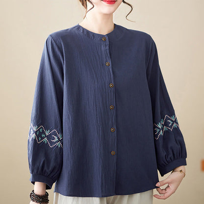 Mythstone Geometry Embroidery Long Sleeve Button Cotton Linen Women's Shirts