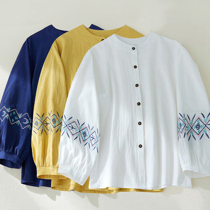 Mythstone Geometry Embroidery Long Sleeve Button Cotton Linen Women's Shirts