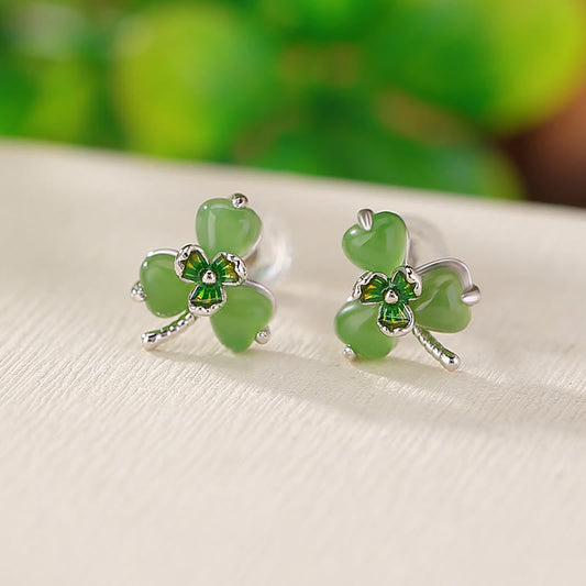 Mythstone 925 Sterling Silver Enamel Hetian Jade Shamrock Luck Earrings