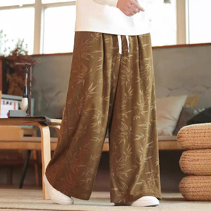 Mythstone Bamboo Leaves Corduroy Drawstring Cotton Men's Wide Leg Pants With Pockets