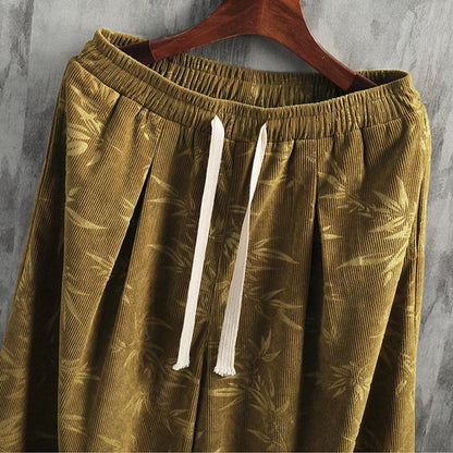 Mythstone Bamboo Leaves Corduroy Drawstring Cotton Men's Wide Leg Pants With Pockets