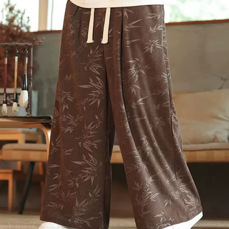 Mythstone Bamboo Leaves Corduroy Drawstring Cotton Men's Wide Leg Pants With Pockets