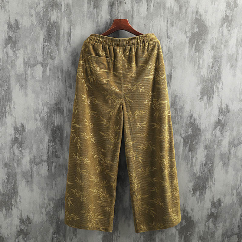 Mythstone Bamboo Leaves Corduroy Drawstring Cotton Men's Wide Leg Pants With Pockets