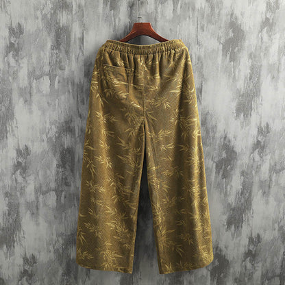 Mythstone Bamboo Leaves Corduroy Drawstring Cotton Men's Wide Leg Pants With Pockets