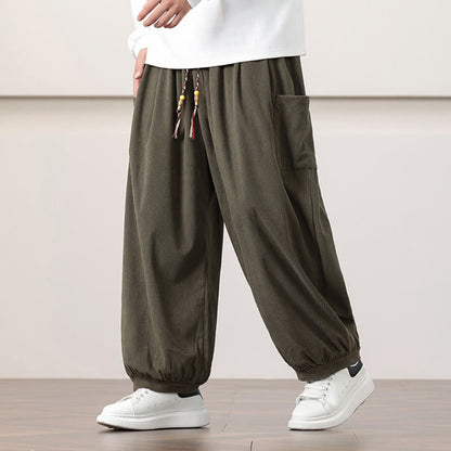 Mythstone Solid Color Corduroy Drawstring Men's Harem Pants With Pockets