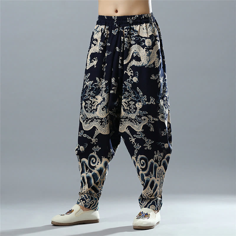 Mythstone Chinese Dragon Printed Elastic Waist Ethnic Cotton Linen Men's Pants With Pockets