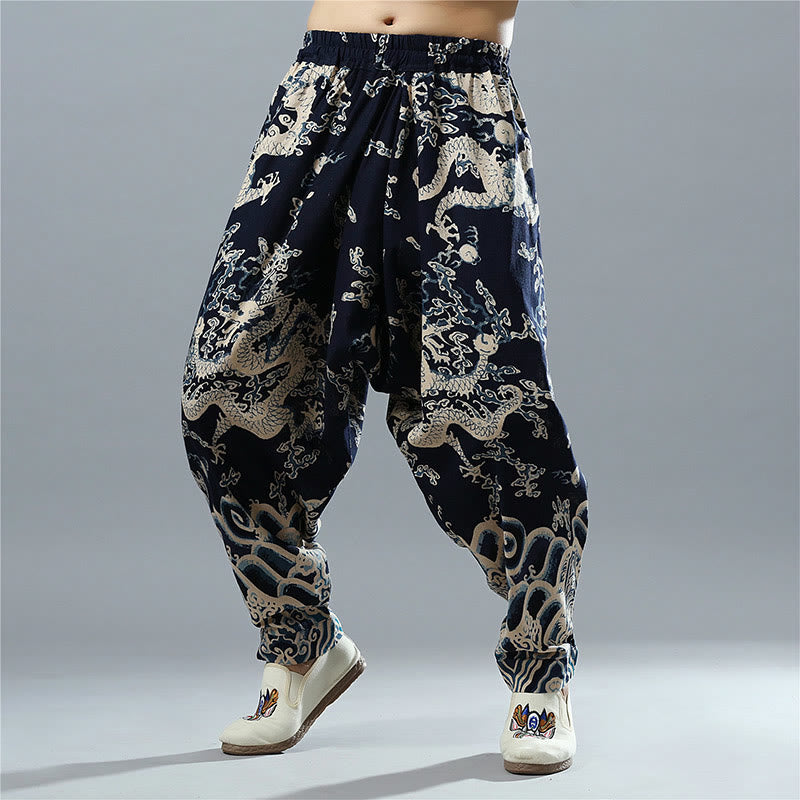 Mythstone Chinese Dragon Printed Elastic Waist Ethnic Cotton Linen Men's Pants With Pockets