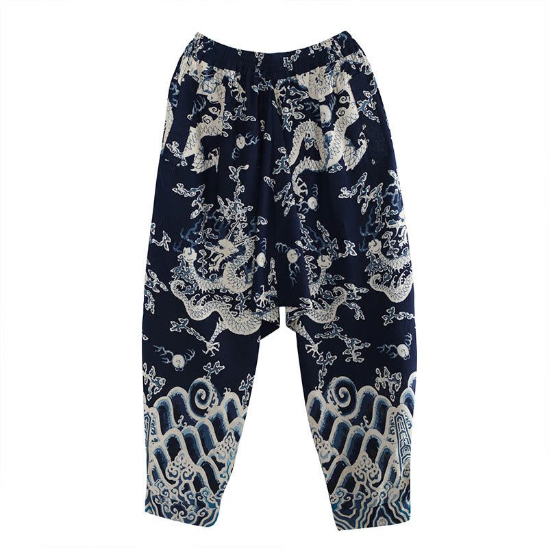 Mythstone Chinese Dragon Printed Elastic Waist Ethnic Cotton Linen Men's Pants With Pockets