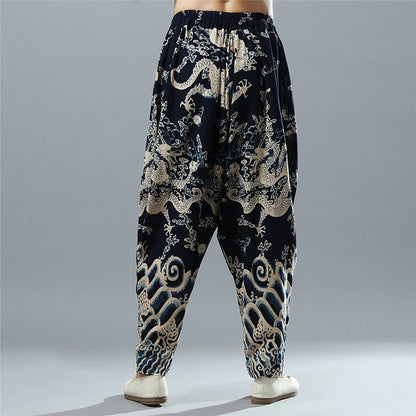 Mythstone Chinese Dragon Printed Elastic Waist Ethnic Cotton Linen Men's Pants With Pockets