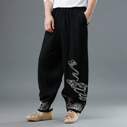 Mythstone Clouds Elastic Waist Ethnic Cotton Men's Pants With Pockets