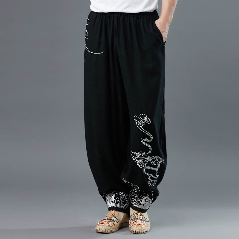 Mythstone Clouds Elastic Waist Ethnic Cotton Men's Pants With Pockets