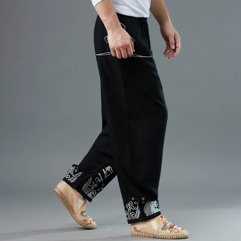 Mythstone Clouds Elastic Waist Ethnic Cotton Men's Pants With Pockets