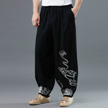 Mythstone Clouds Elastic Waist Ethnic Cotton Men's Pants With Pockets