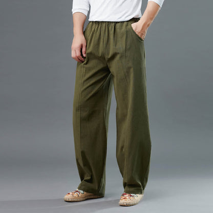 Mythstone Casual Solid Color Cotton Linen Men's Pants With Pockets