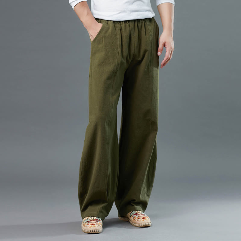 Mythstone Casual Solid Color Cotton Linen Men's Pants With Pockets