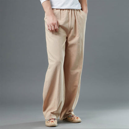 Mythstone Casual Solid Color Cotton Linen Men's Pants With Pockets