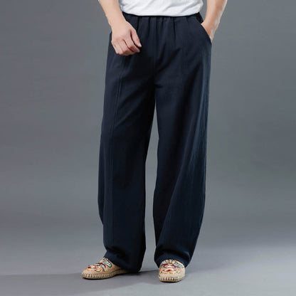 Mythstone Casual Solid Color Cotton Linen Men's Pants With Pockets