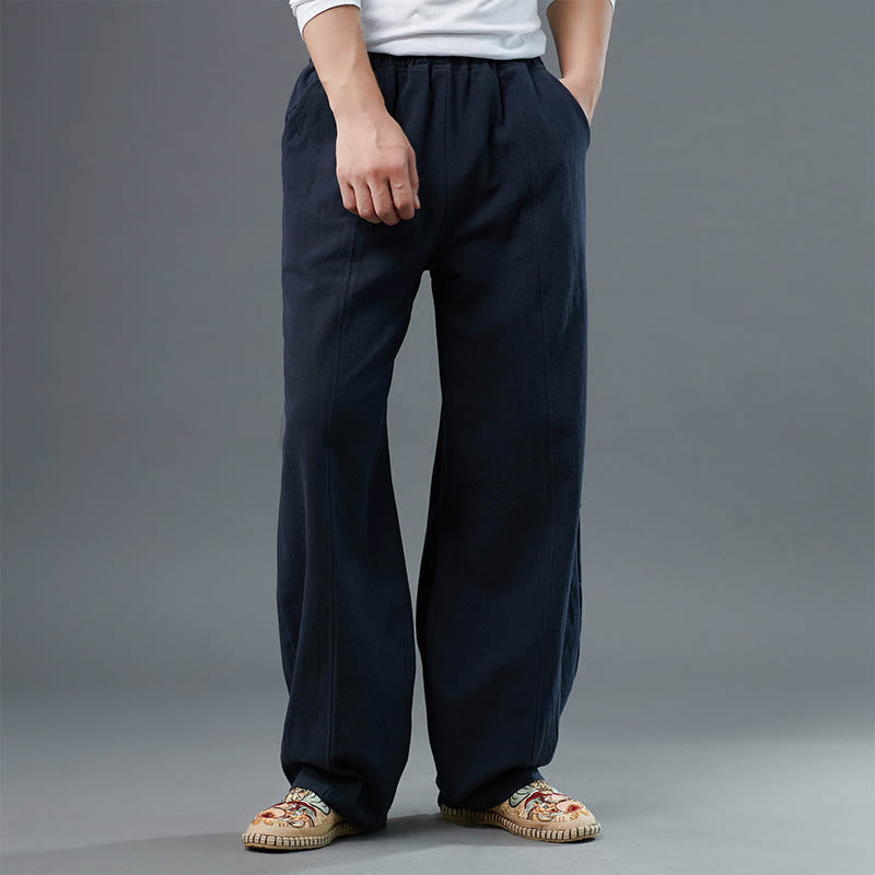 Mythstone Casual Solid Color Cotton Linen Men's Pants With Pockets