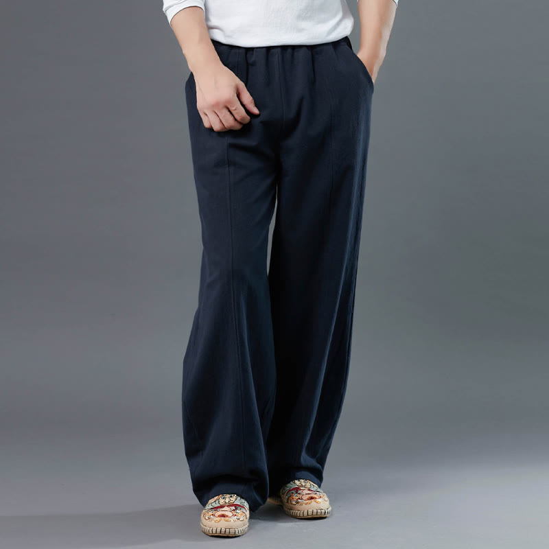 Mythstone Casual Solid Color Cotton Linen Men's Pants With Pockets