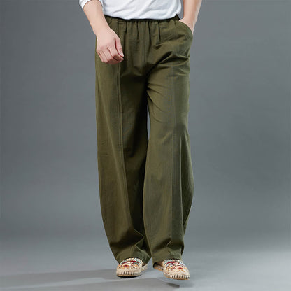 Mythstone Casual Solid Color Cotton Linen Men's Pants With Pockets