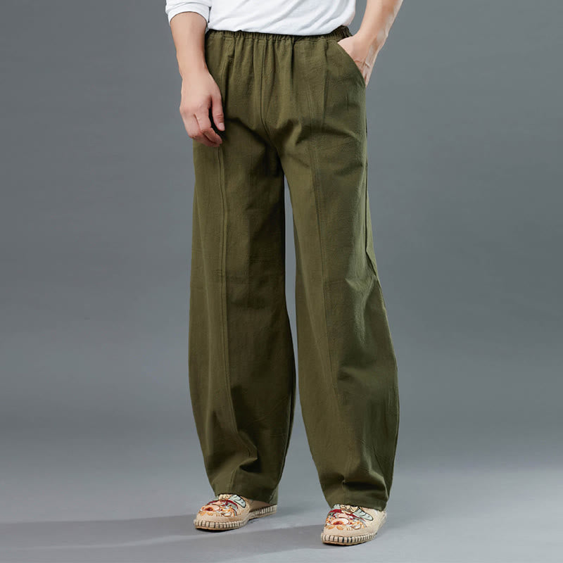 Mythstone Casual Solid Color Cotton Linen Men's Pants With Pockets