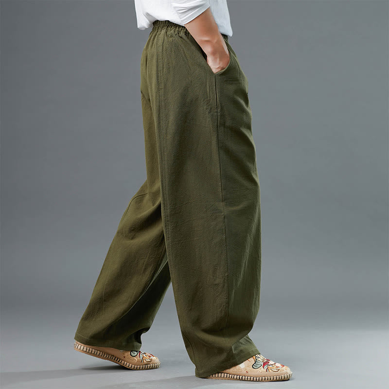 Mythstone Casual Solid Color Cotton Linen Men's Pants With Pockets