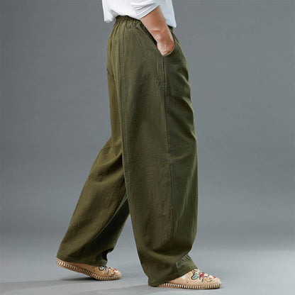 Mythstone Casual Solid Color Cotton Linen Men's Pants With Pockets