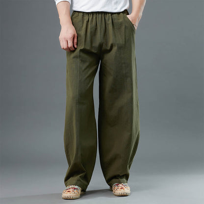 Mythstone Casual Solid Color Cotton Linen Men's Pants With Pockets