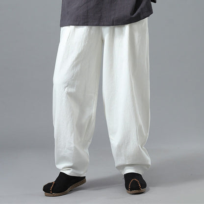 Mythstone Casual Solid Color Drawstring Cotton Linen Men's Pants With Pockets