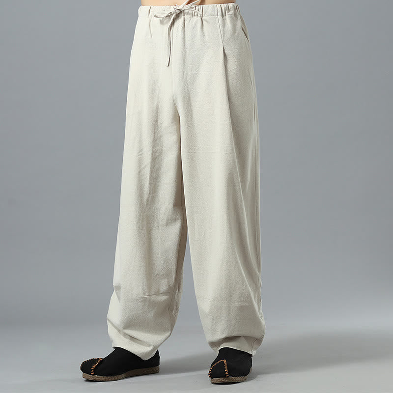 Mythstone Casual Solid Color Drawstring Cotton Linen Men's Pants With Pockets