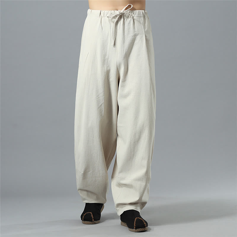 Mythstone Casual Solid Color Drawstring Cotton Linen Men's Pants With Pockets