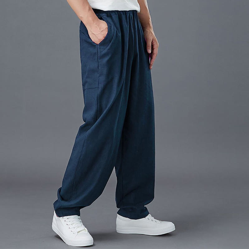 Pantalones de lino y ramio con cintura elástica y bolsillos para hombre de Mythstone 