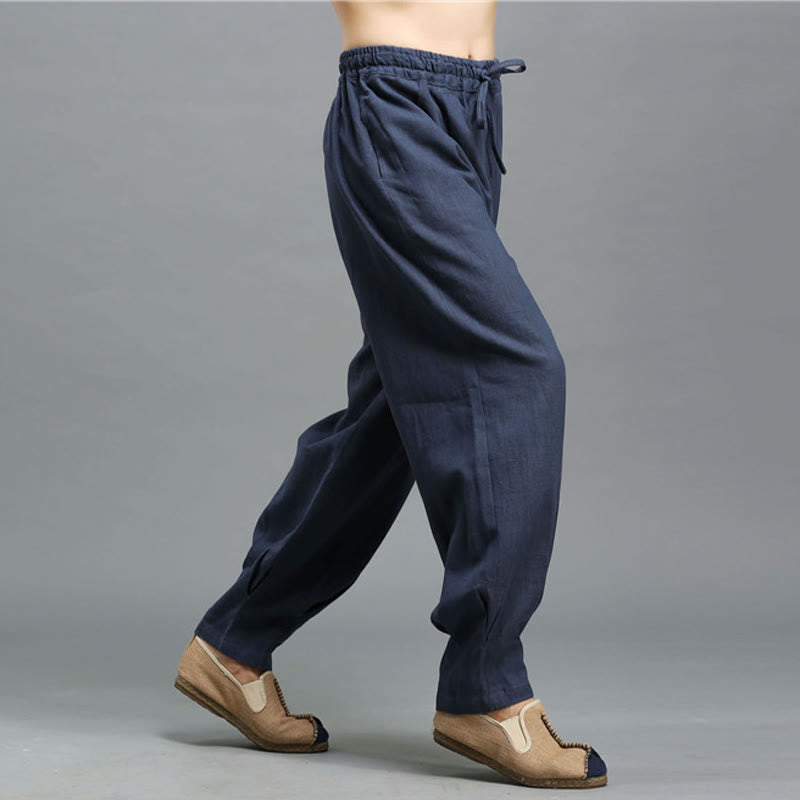 Mythstone Casual Plain Color Elastic Drawstring Ramie Linen Men's Pants With Pockets